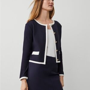 Navy Women's Sweater Jacket with White Trim